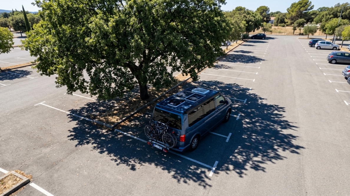 Van sur un parking au soleil, garé à l'ombre
